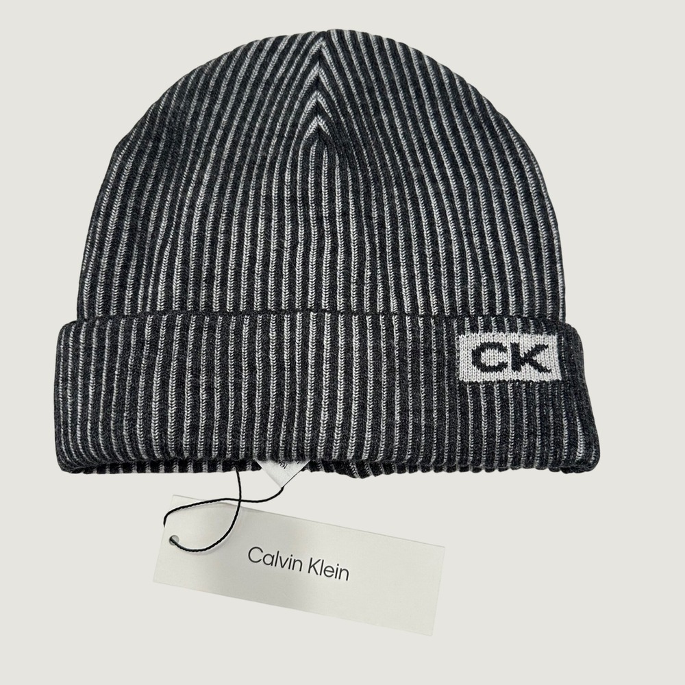 Calvin‎ Klein Mens Striped Ribbed Knit Beanie Charcoal Grey CK200238C 015 NWT